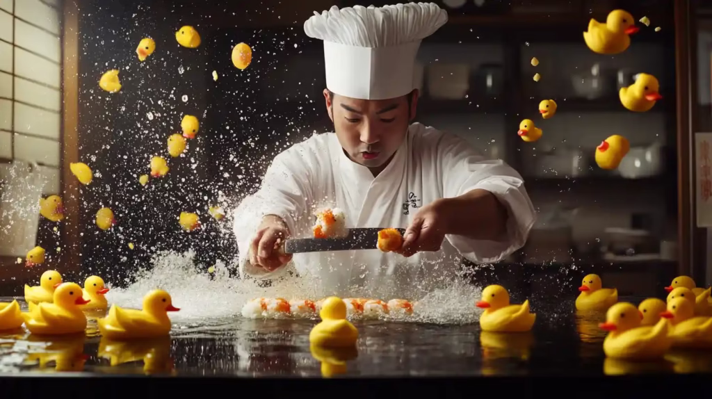 Chef sushi en pleine préparation, entouré de canards en plastique jaunes - Un exemple visuel original pour illustrer la créativité dans la vidéo d’entreprise et les contenus générés par IA.