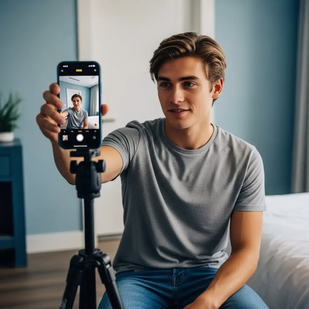 Homme prenant un selfie pour les réseaux sociaux dans un appartement moderne, illustration pour agence vidéo à Nice spécialisée en vidéo entreprise, vidéo restaurant et production réseaux sociaux.